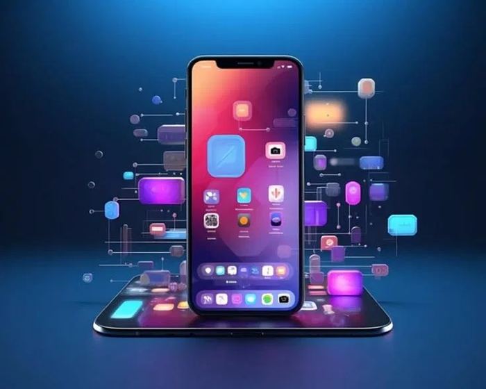 Smartphone with floating app icons representing mobile applications