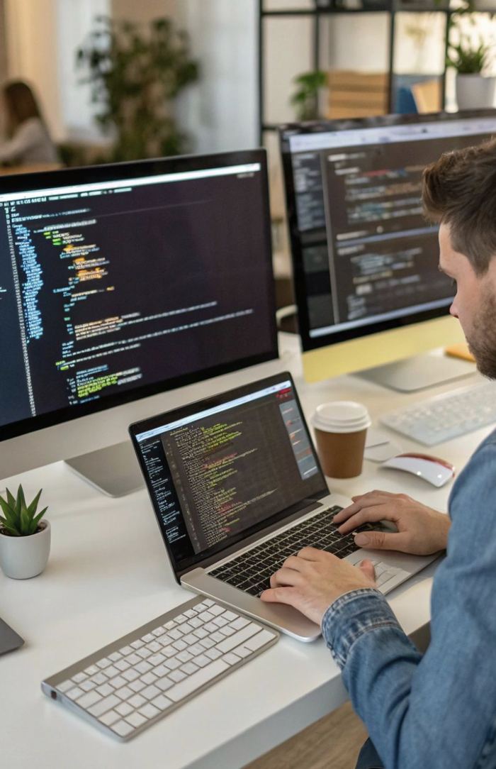 Developer writing code on a laptop with dual monitors